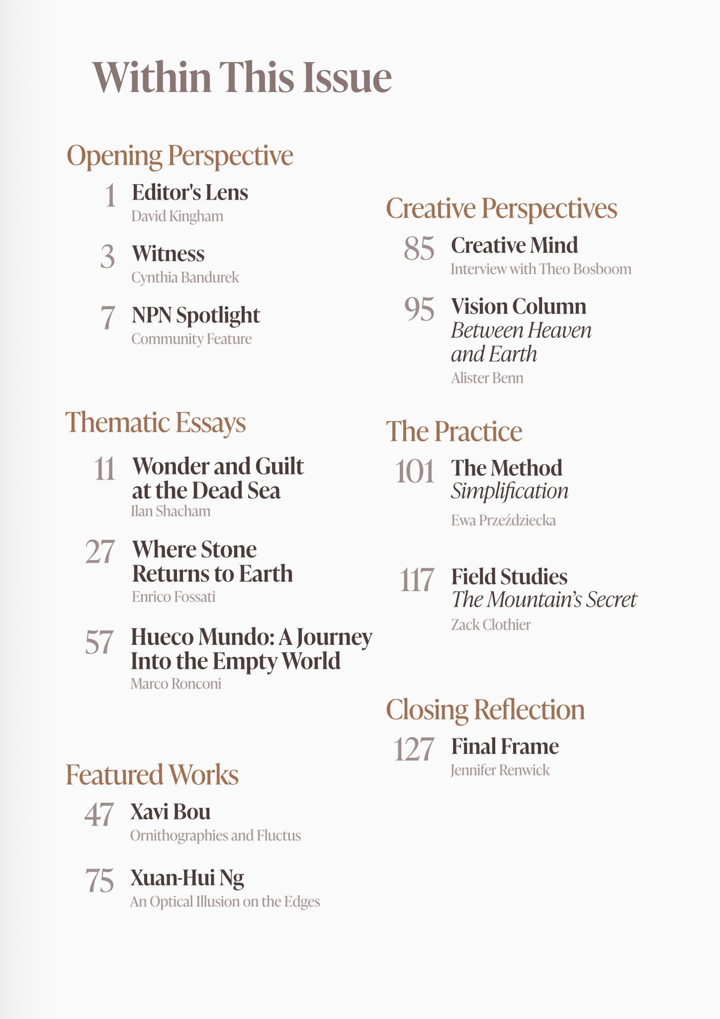 Page spread from Nature Vision Magazine Issue 13: Edges, Summer/Fall 2026, page 3